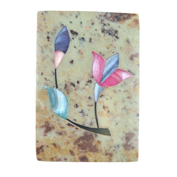Paperweight Floral Stone Inlay Iridescent Decor Soapstone Mother Pearl Vintage - Picture 1 of 4